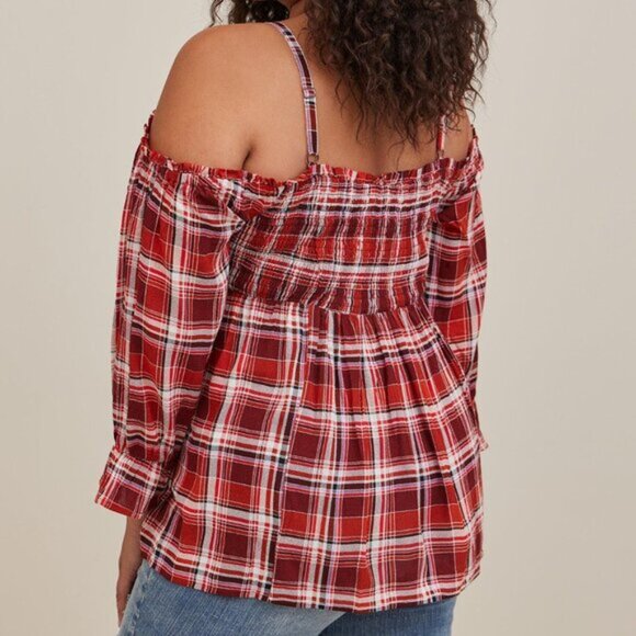 Torrid Cold Shoulder Babydoll Top Crinkle Gauze Smocked Size 3 Red Plaid Fall - Picture 4 of 7
